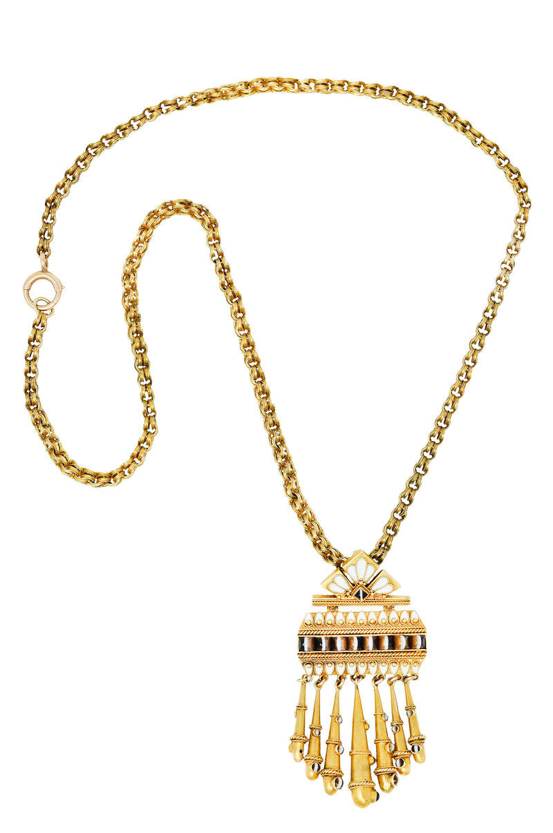 Etruscan Revival Antique Sardonyx Agate Enamel 18 Karat Gold Fringe Pendant NecklaceNecklace - Wilson's Estate Jewelry