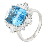Vintage 8.05 CTW Aquamarine Diamond 14 Karat White Gold Cluster Ring Wilson's Estate Jewelry