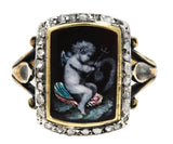 1850's Victorian Neoclassical Enamel Diamond Silver-Topped 18 Karat Gold Cupid Antique Ring Wilson's Estate Jewelry
