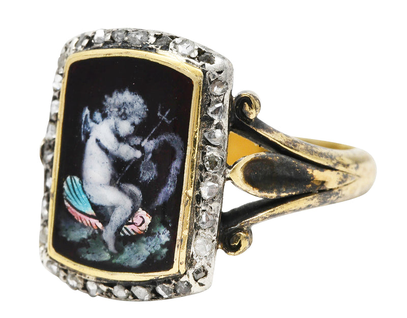 1850's Victorian Neoclassical Enamel Diamond Silver-Topped 18 Karat Gold Cupid Antique Ring Wilson's Estate Jewelry