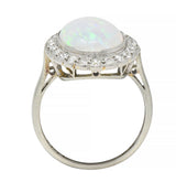 Opal Art Deco Jelly Opal Diamond Platinum 18 Karat Gold Vintage Halo Ring