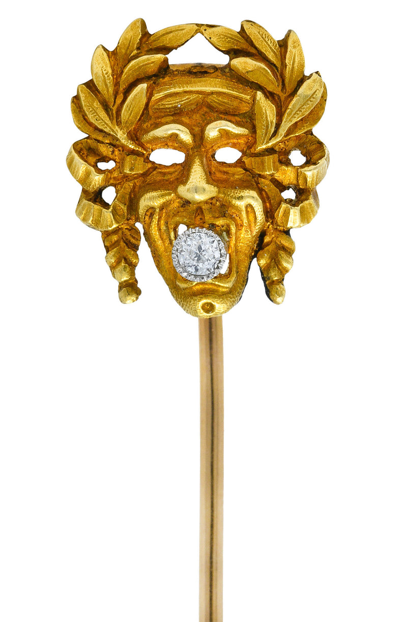 Art Nouveau Diamond 18 Karat Gold Laurel Comedy Mask StickpinStick Pin - Wilson's Estate Jewelry