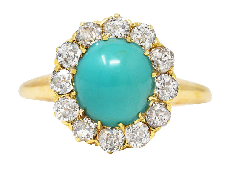 Victorian Old European Cut Diamond Turquoise 14 Karat Yellow Gold Antique Cluster Ring Wilson's Estate Jewelry