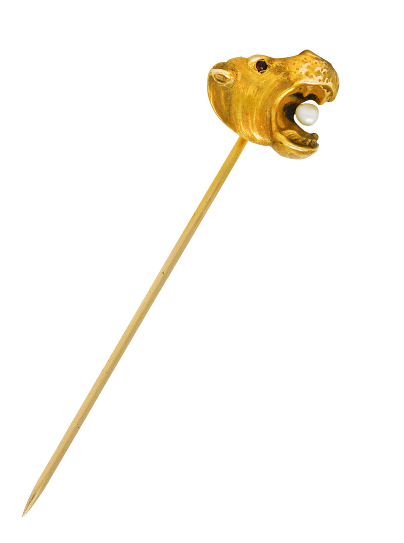 Art Nouveau Pearl 14 Karat Yellow Gold Hippo Antique Stickpin Wilson's Estate Jewelry