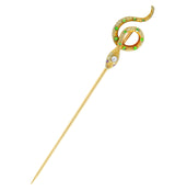Art Nouveau Diamond Demantoid Garnet 18 Karat Gold Snake StickpinStick Pin - Wilson's Estate Jewelry