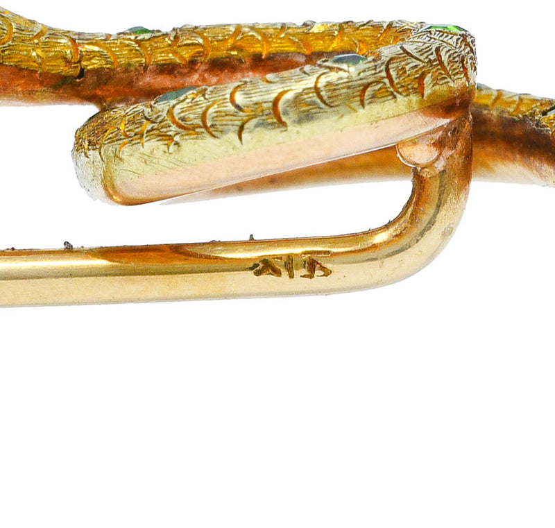 Art Nouveau Diamond Demantoid Garnet 18 Karat Gold Snake StickpinStick Pin - Wilson's Estate Jewelry