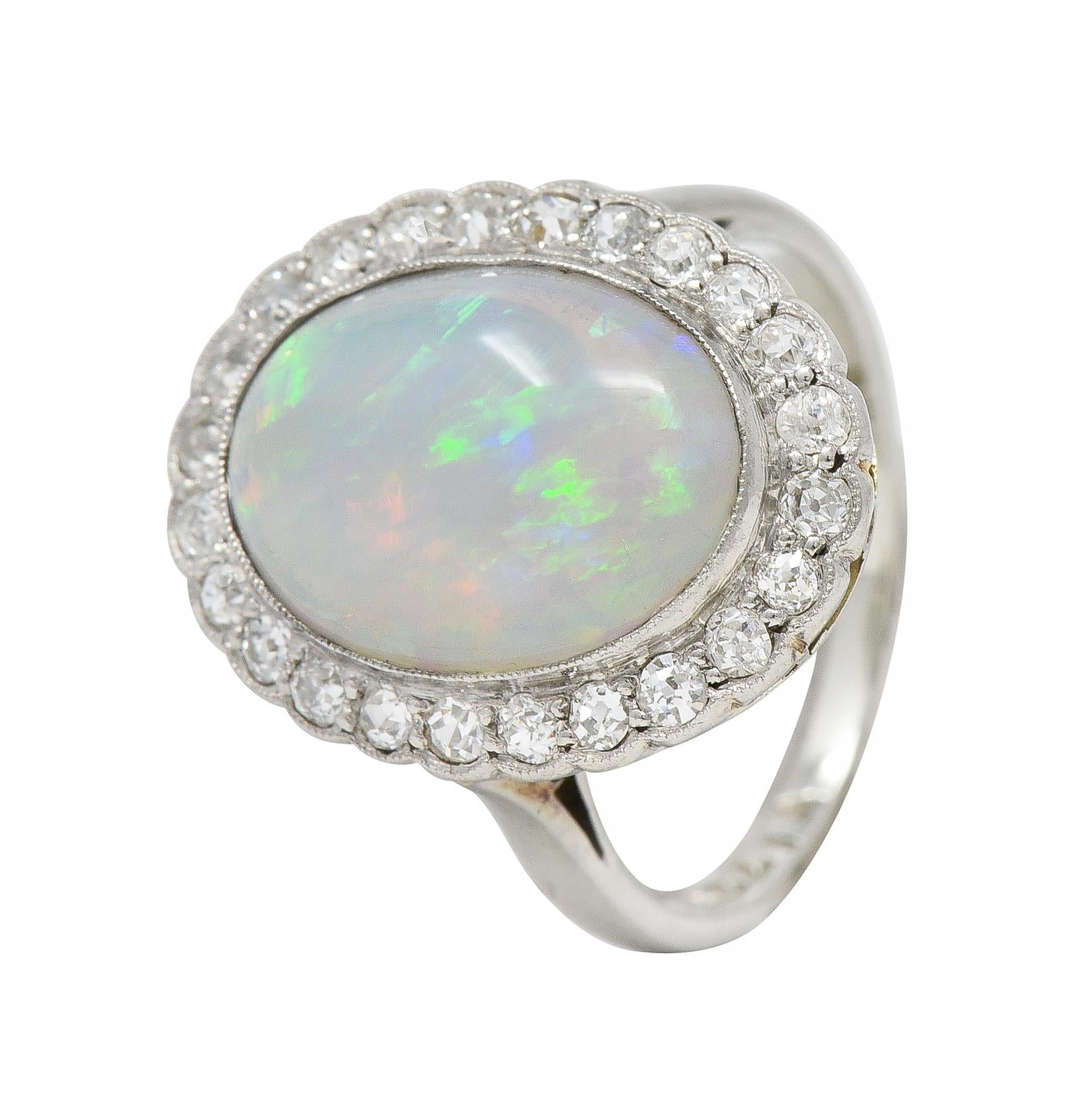 Opal Art Deco Jelly Opal Diamond Platinum 18 Karat Gold Vintage Halo Ring
