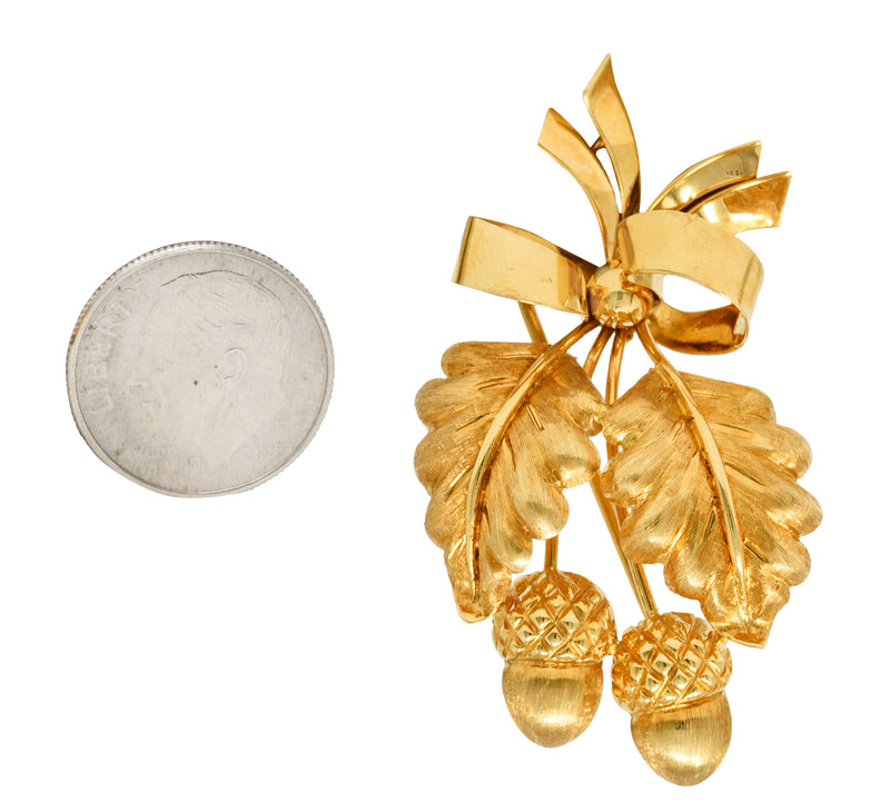 Tiffany & Co. 1960's 18 Karat Yellow Gold Acorn Bow Vintage Pendant Brooch Wilson's Estate Jewelry