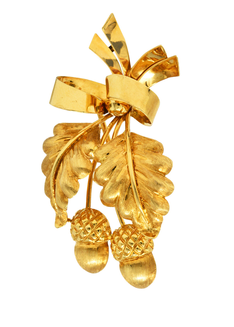 Tiffany & Co. 1960's 18 Karat Yellow Gold Acorn Bow Vintage Pendant Brooch Wilson's Estate Jewelry