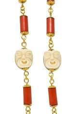 1960s Coral 18 Karat Yellow Gold Carved Faces Vintage Beaded Link Chain