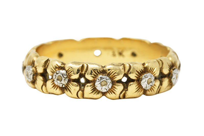 Edwardian 14 Karat Two-Tone Gold Floral Garland Antique Wedding Band Ring Wilson's Estate Jewelry