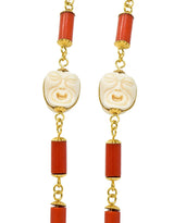 1960s Coral 18 Karat Yellow Gold Carved Faces Vintage Beaded Link Chain