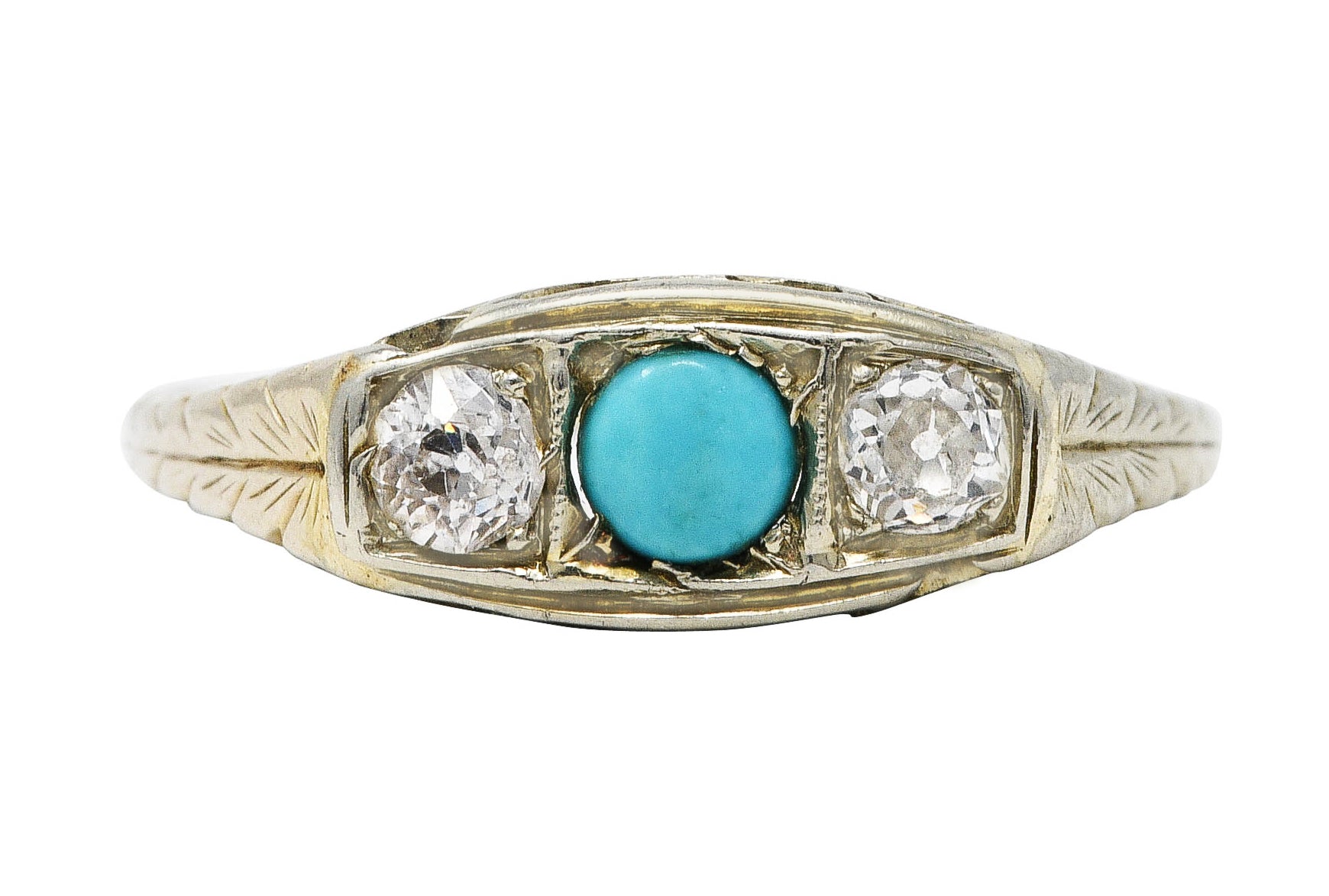 Art Deco Diamond Turquoise 14 Karat White Gold Three Stone RingRing - Wilson's Estate Jewelry