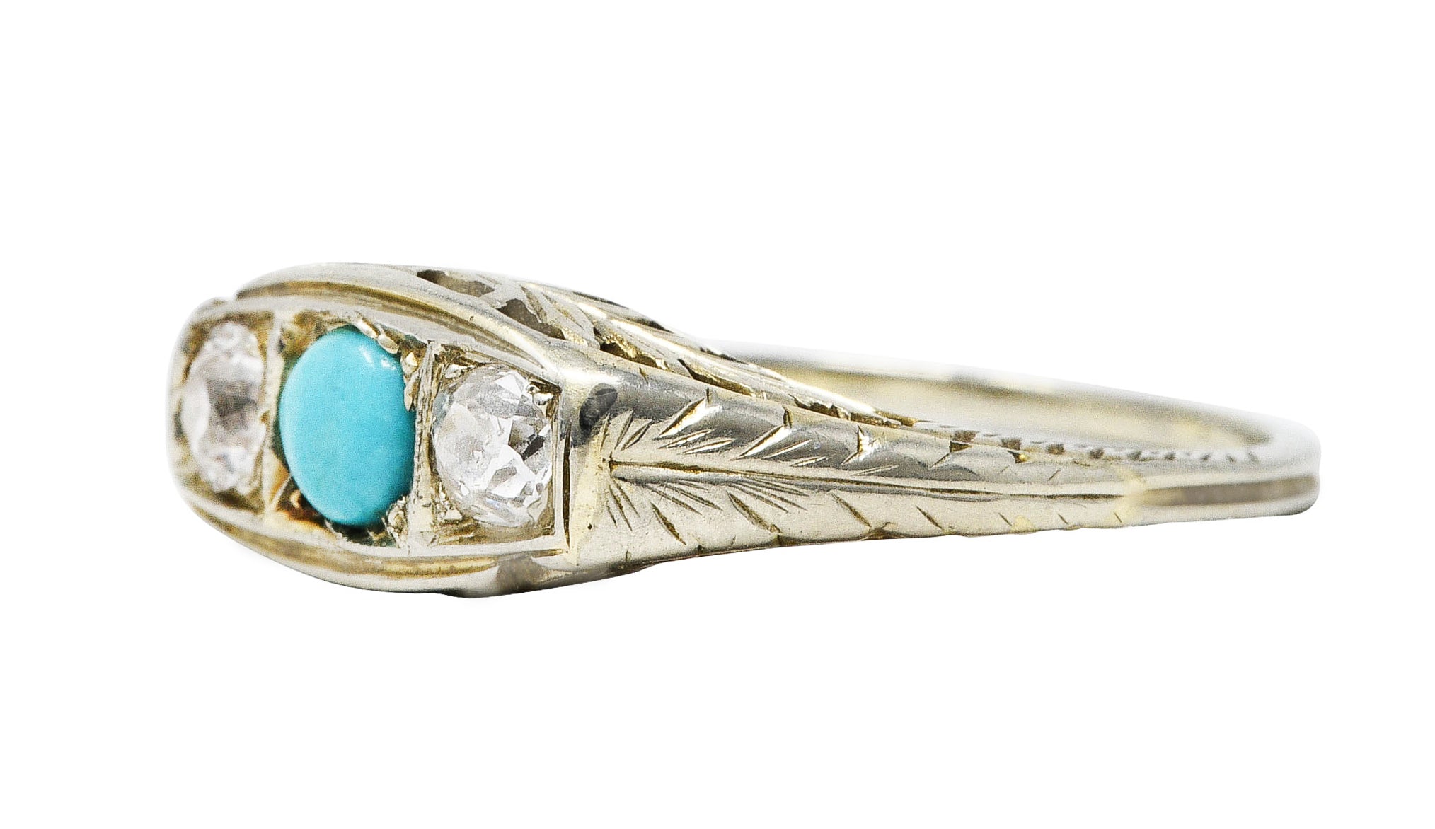 Art Deco Diamond Turquoise 14 Karat White Gold Three Stone RingRing - Wilson's Estate Jewelry