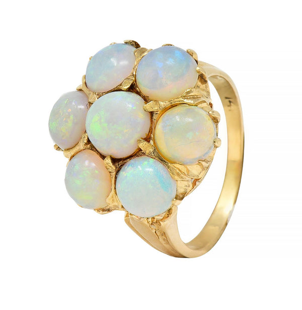 Mid-Century Opal Cabochon 14 Karat Yellow Gold Vintage Floral Cluster Ring