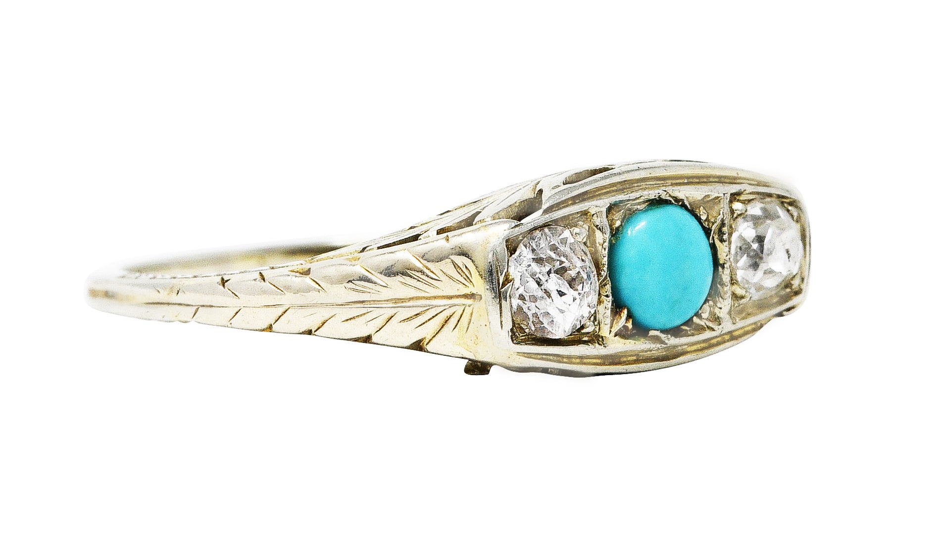 Art Deco Diamond Turquoise 14 Karat White Gold Three Stone RingRing - Wilson's Estate Jewelry