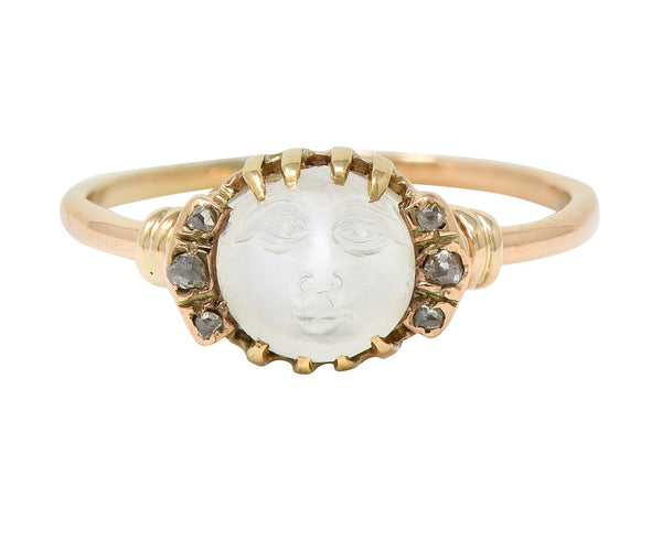 Victorian Moonstone Diamond 14 Karat Yellow Gold Man In The Moon Antique Ring
