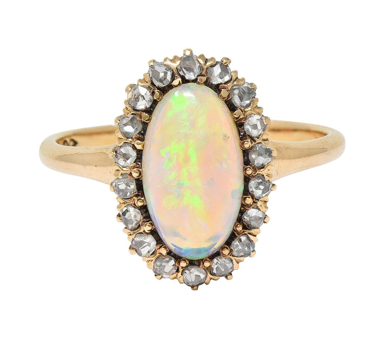 Victorian Opal Diamond 18 Karat Yellow Gold Antique Halo Ring