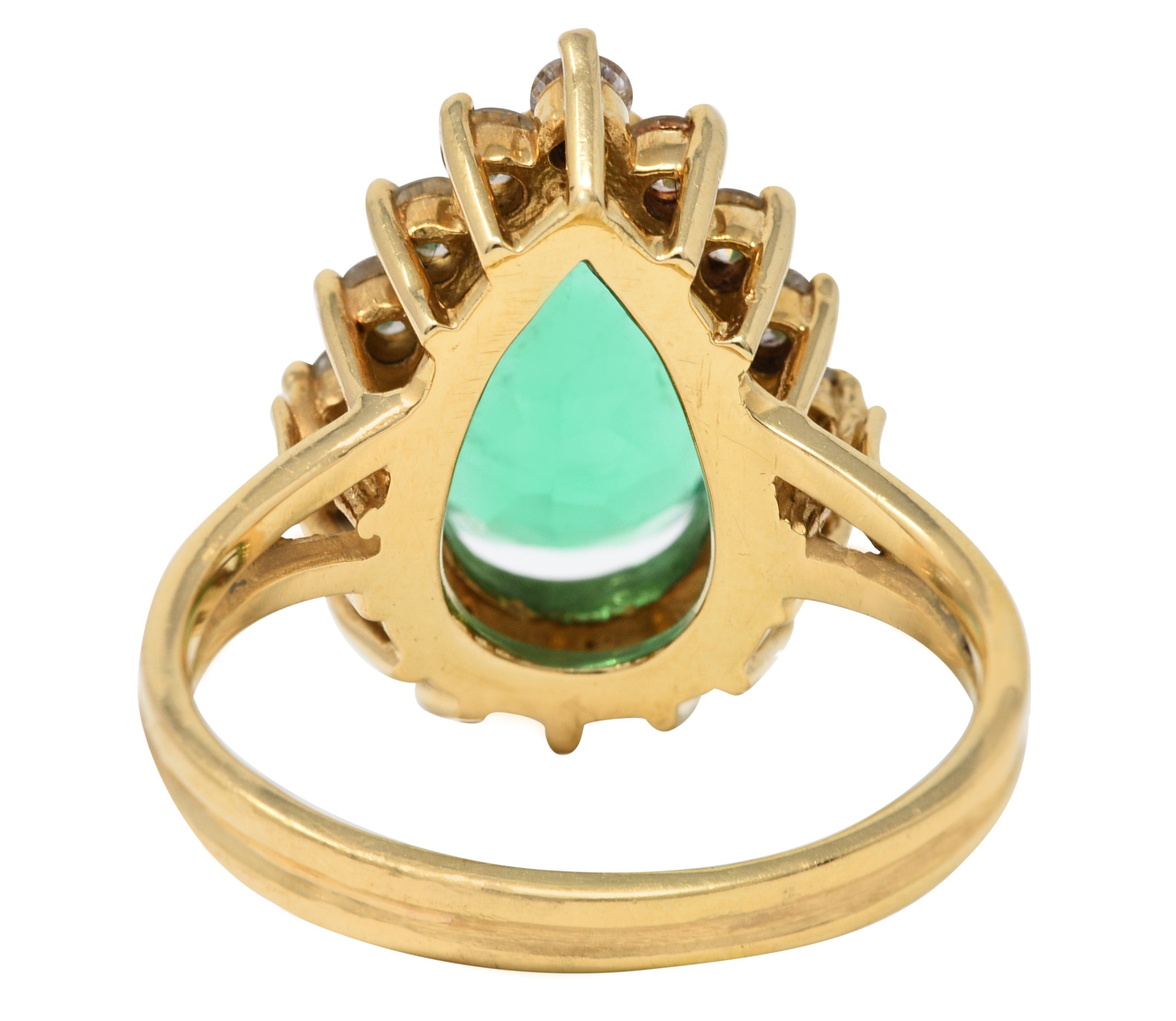 Vintage 4.34 CTW Pear Cut Columbian Emerald Diamond 14 Karat Yellow Gold Halo Ring GIA Wilson's Estate Jewelry