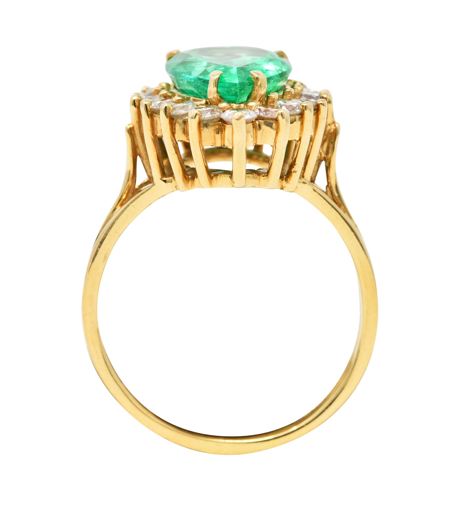 Vintage 4.34 CTW Pear Cut Columbian Emerald Diamond 14 Karat Yellow Gold Halo Ring GIA Wilson's Estate Jewelry