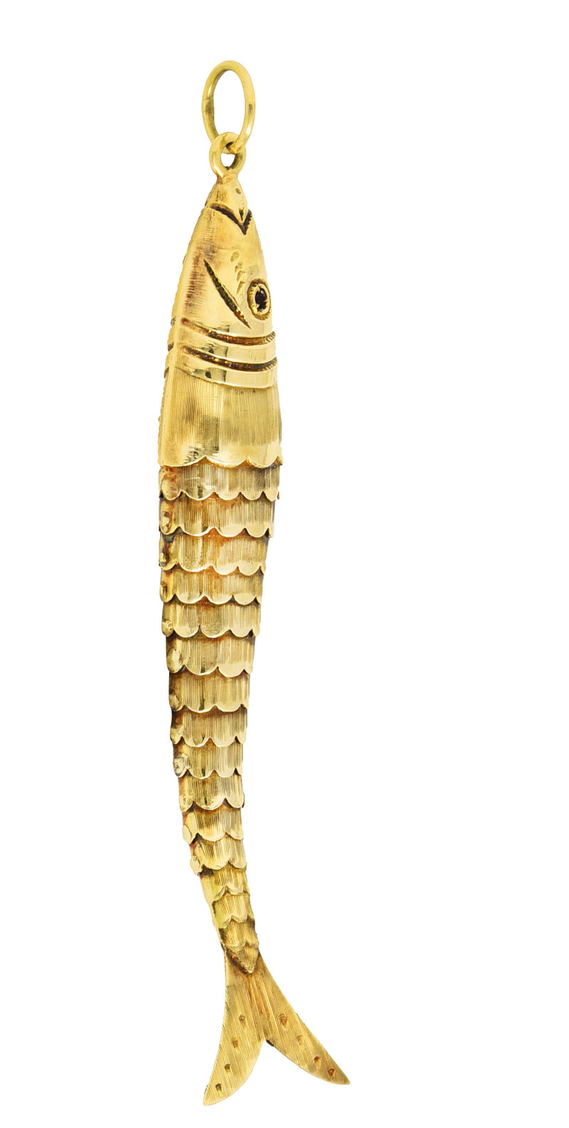 1960's Garnet 14 Karat Yellow Gold Articulated Vintage Fish Pendant Wilson's Estate Jewelry