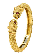 David Webb Ruby 18 Karat Yellow Gold Panther Head Kingdom Cuff Bracelet Wilson's Estate Jewelry