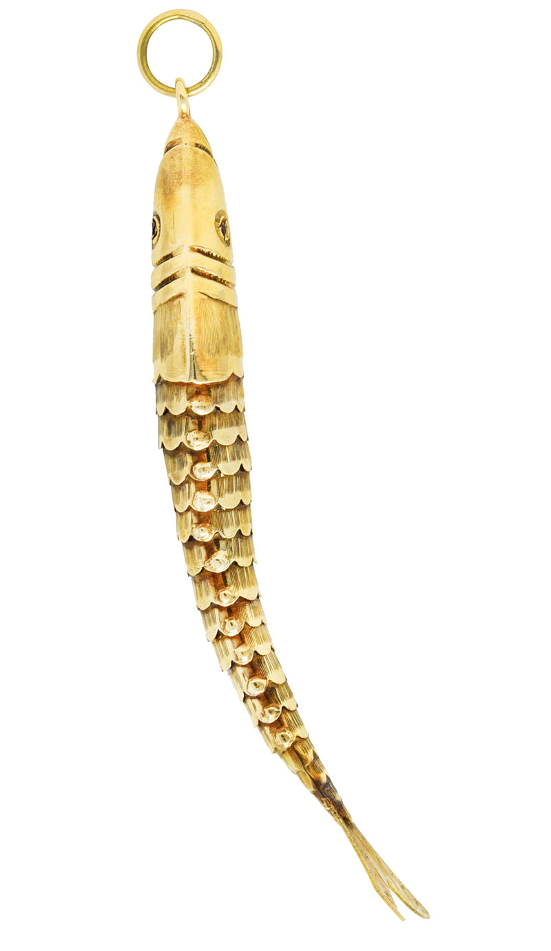 1960's Garnet 14 Karat Yellow Gold Articulated Vintage Fish Pendant Wilson's Estate Jewelry