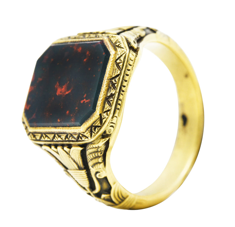Art Deco 1930's Bloodstone 14 Karat Gold Lotus Unisex Signet RingRing - Wilson's Estate Jewelry