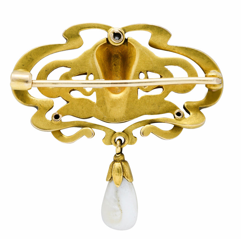 Art Nouveau Diamond Dogtooth Pearl 14 Karat Gold Goddess BroochBrooch - Wilson's Estate Jewelry