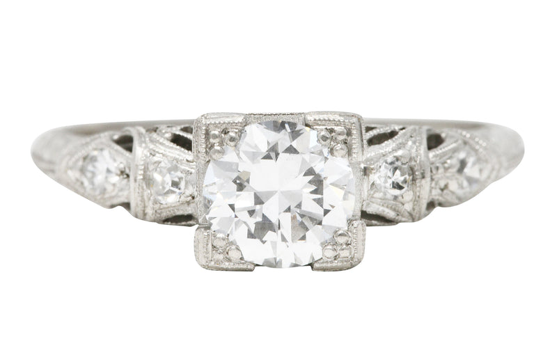 Art Deco Transitional Cut 0.92 CTW Diamond Platinum Square Form Ornate Engagement Ring Wilson's Estate Jewelry