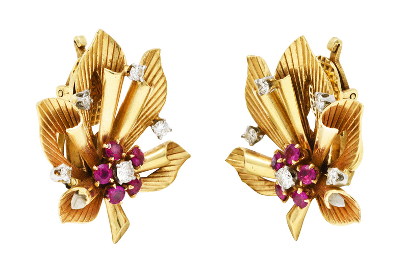 1954 Mid-Century Ruby Diamond Platinum 14 Karat Yellow Gold Leafy Vintage Ear-Clip Earrings Wilson's Estate Jewelry