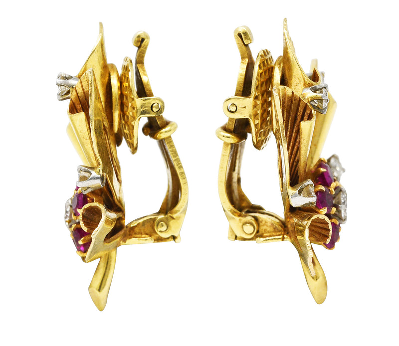 1954 Mid-Century Ruby Diamond Platinum 14 Karat Yellow Gold Leafy Vintage Ear-Clip Earrings Wilson's Estate Jewelry