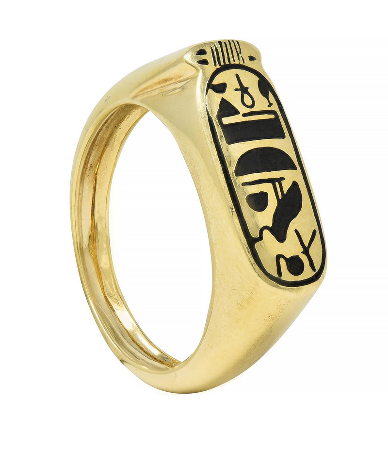 Contemporary Enamel 14 Karat Yellow Gold Egyptian Revival Cartouche Signet Ring