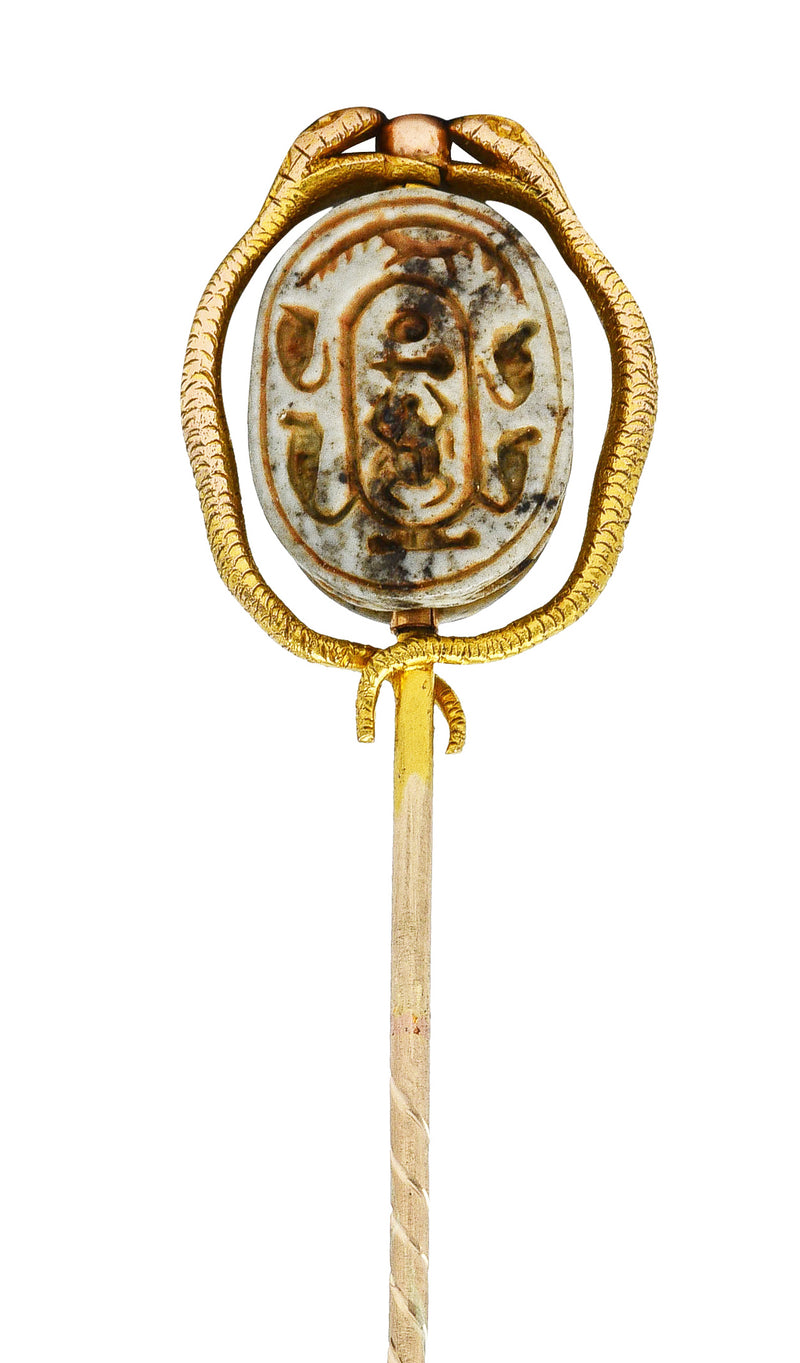 Victorian Egyptian Revival Hardstone 18 Karat Two-Tone Gold Scarab Snake Antique Stickpin Wilson's Estate Jewelry