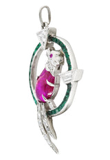 Art Deco Emerald Diamond Mughal Ruby Platinum Cockatiel Bird Charm Wilson's Estate Jewelry