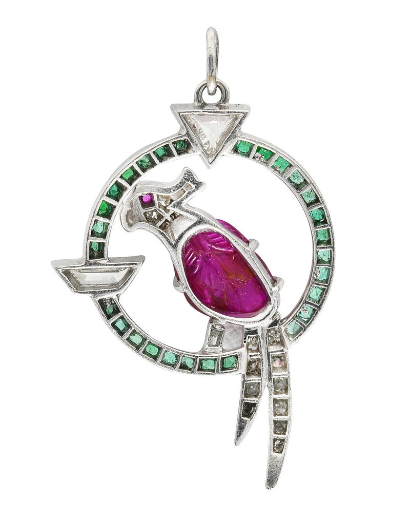 Art Deco Emerald Diamond Mughal Ruby Platinum Cockatiel Bird Charm Wilson's Estate Jewelry