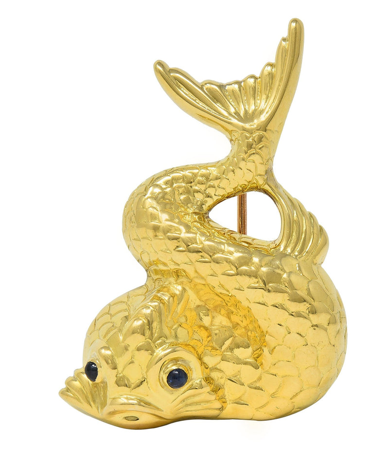 Tiffany & Co. 1950's Sapphire 18 Karat Yellow Gold Vintage Koi Fish Brooch