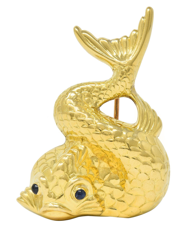 Tiffany & Co. 1950's Sapphire 18 Karat Yellow Gold Vintage Koi Fish Brooch