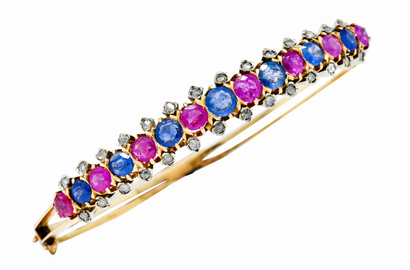 Retro 4.40 CTW Sapphire Ruby Diamond 18 Karat Two-Tone Bangle Braceletbracelet - Wilson's Estate Jewelry