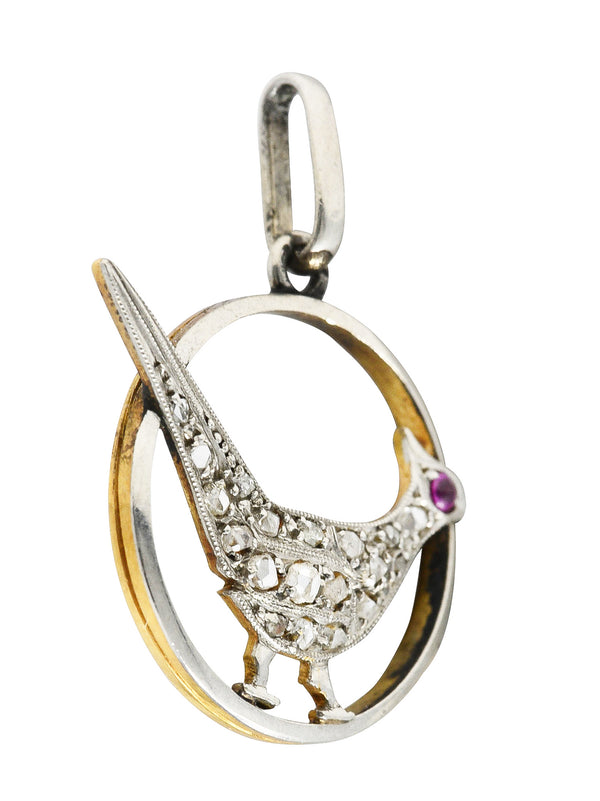 Early Art Deco Diamond Ruby Platinum-Topped 18 Karat Yellow Gold Bird Charm Wilson's Estate Jewelry