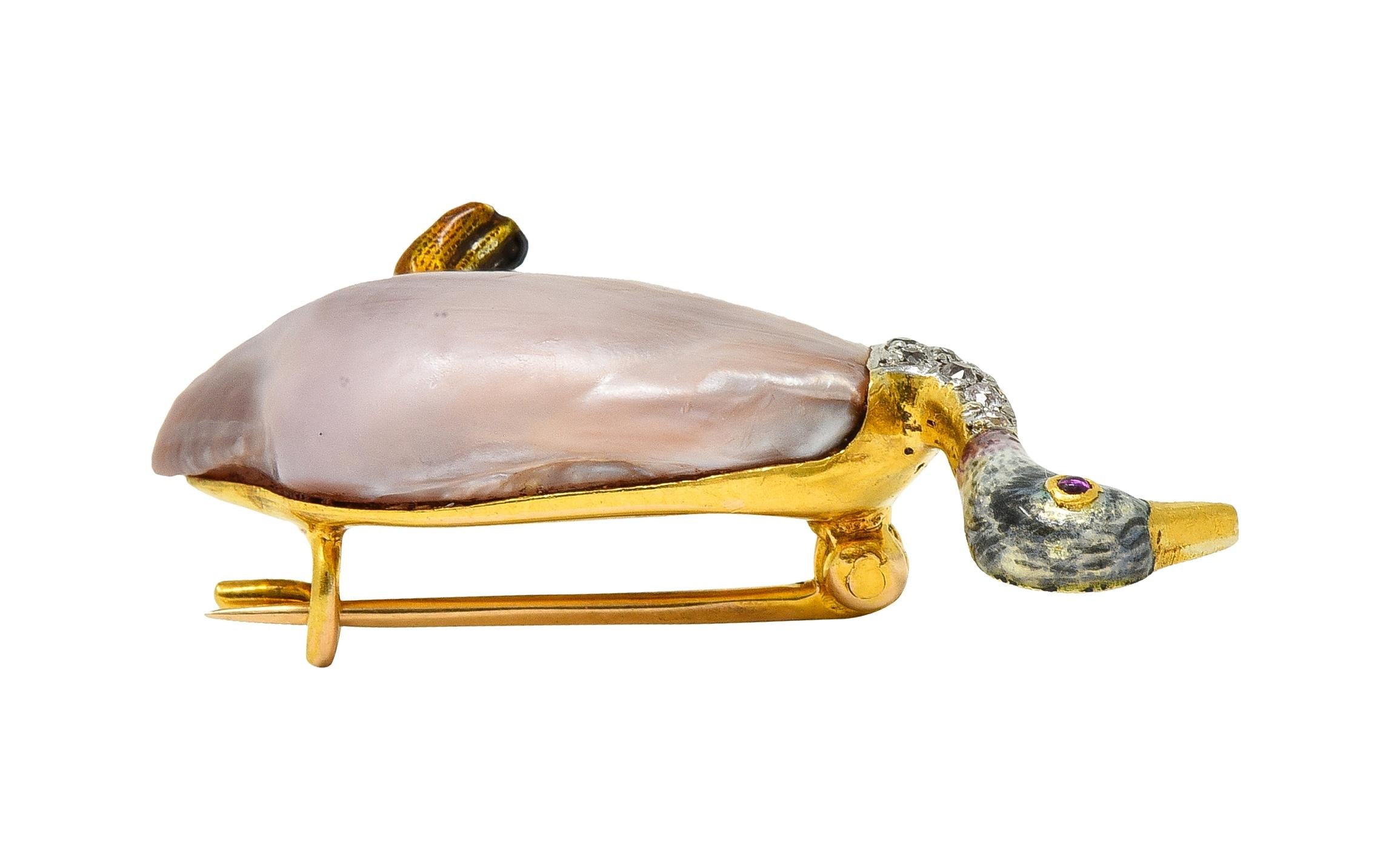 Black Starr & Frost Edwardian Natural Pearl Diamond 14K Gold Ostrich Bird Brooch
