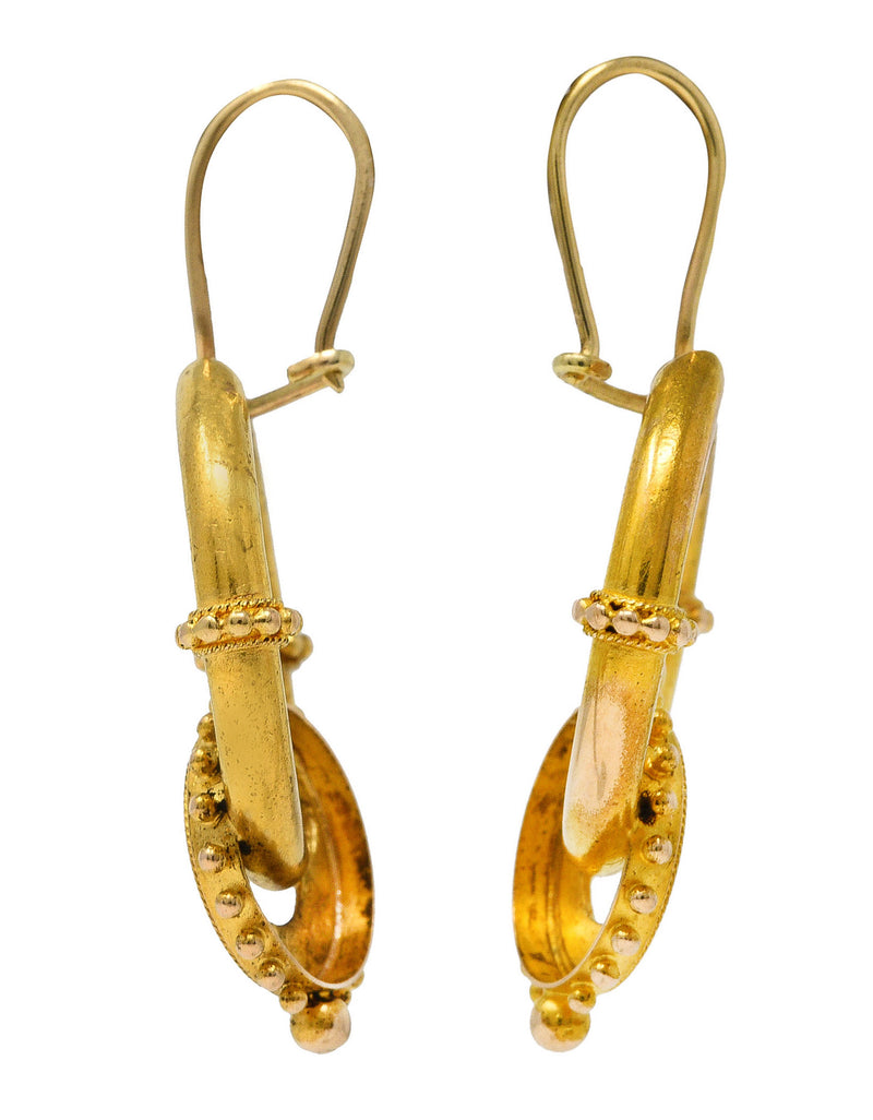Victorian Etruscan Revival 14 Karat Yellow Gold Interlocked Hoop Antique Earrings Wilson's Estate Jewelry