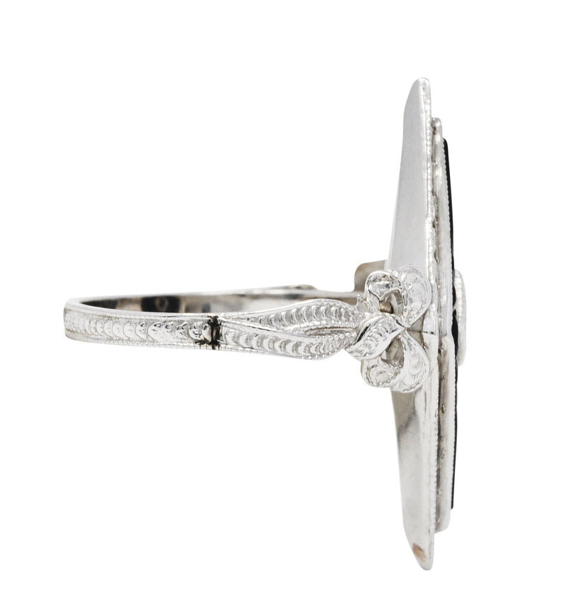 Art Deco Diamond Onyx 14 Karat White Gold Navette Dinner RingRing - Wilson's Estate Jewelry
