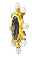 Elizabeth Locke Baroque Pearl Black Venetian Glass 18 Karat Yellow Gold Goddess Nyx Intaglio Vintage Brooch Wilson's Estate Jewelry