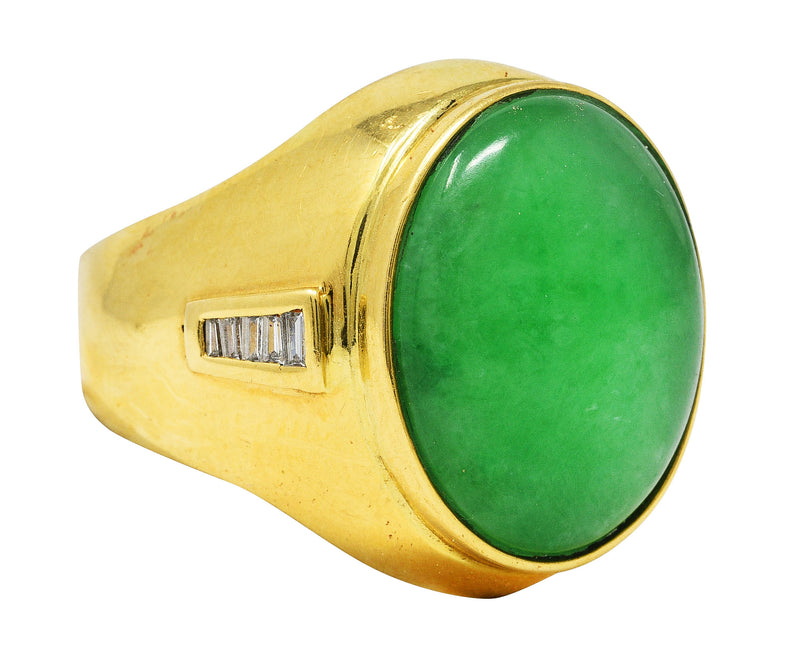 1960's Jade Diamond 18 Karat Yellow Gold Unisex Vintage Signet Ring Wilson's Estate Jewelry