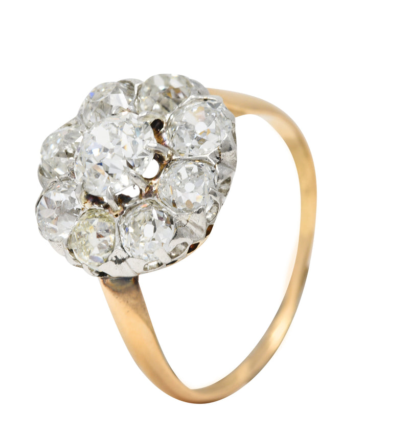 Edwardian 2.40 CTW Old European & Mine Cut Diamond Platinum-Topped 18 Karat Yellow Gold Antique Cluster Engagement Ring Wilson's Estate Jewelry