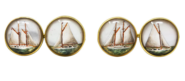 Marcus & Co. Edwardian Painted Essex Crystal Mother-Of-Pearl 14 Karat Yellow Gold Sailboat Antique Men's Cufflinks Wilson's Estate Jewelry