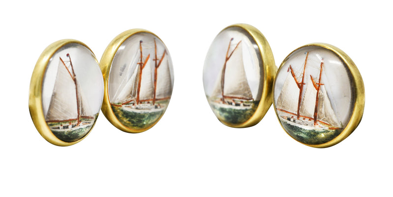 Marcus & Co. Edwardian Painted Essex Crystal Mother-Of-Pearl 14 Karat Yellow Gold Sailboat Antique Men's Cufflinks Wilson's Estate Jewelry