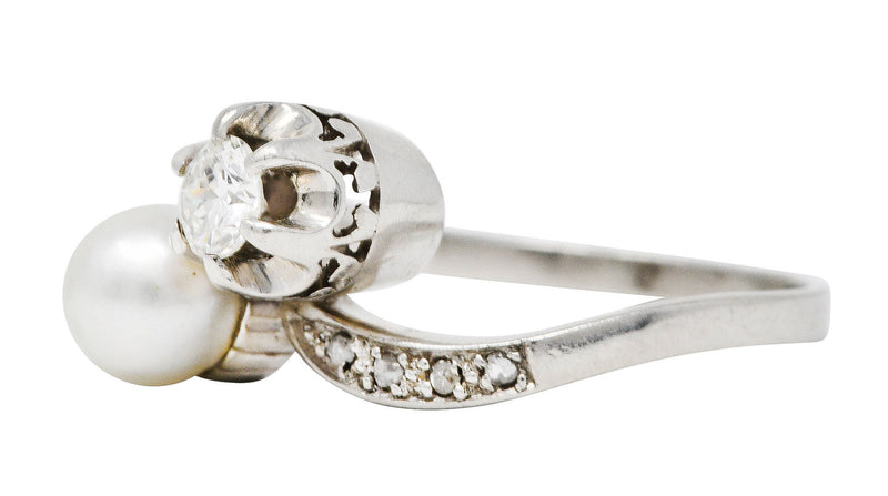 1920's Art Deco Diamond Pearl Platinum Toi Et Moi Bypass RingRing - Wilson's Estate Jewelry