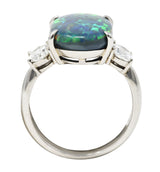 Black Opal Oval Cut Diamond Platinum Three Stone Gemstone Ring Wilson's Estate Jewelry